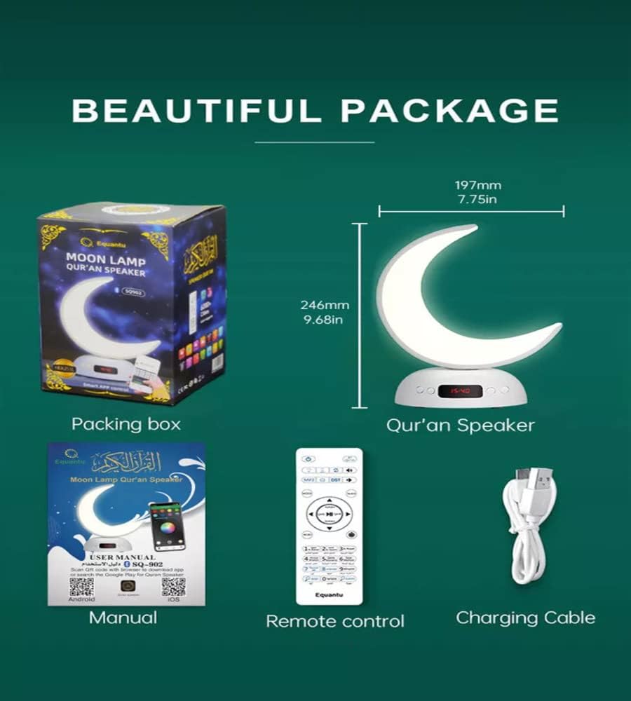 howkah® SQ-902 Quran Speaker 7 Color LED Moon Lamp Desk Lamp with Aromatherapy Function Azan | Alarm Clock | Quran Recitation Player with Remote & Smart App Control Night Lamp Bluetooth Speaker | B.10041501 (MA/MI/OOI-TX)