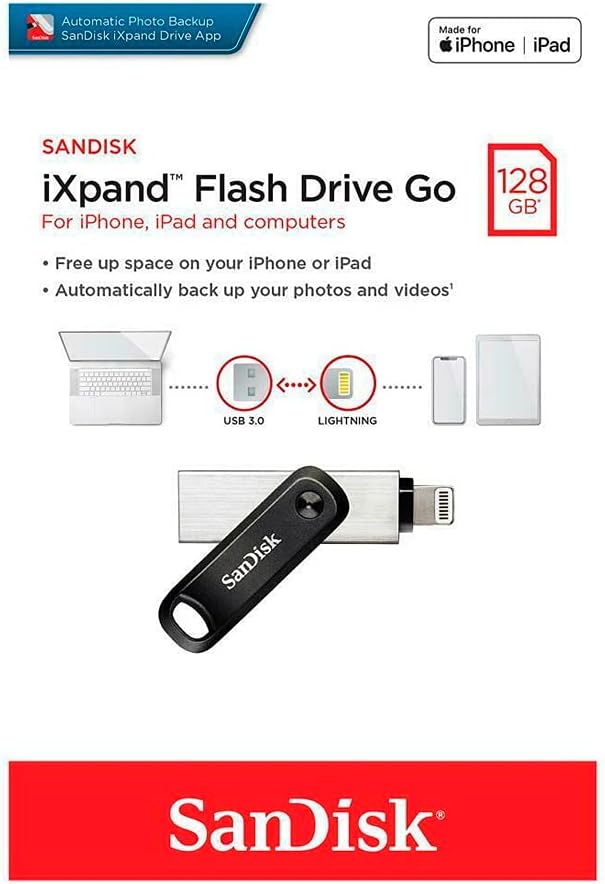 SanDisk iXpand Flash Drive Go 128GB - USB3.0 + Lightning - for iPhone and iPad