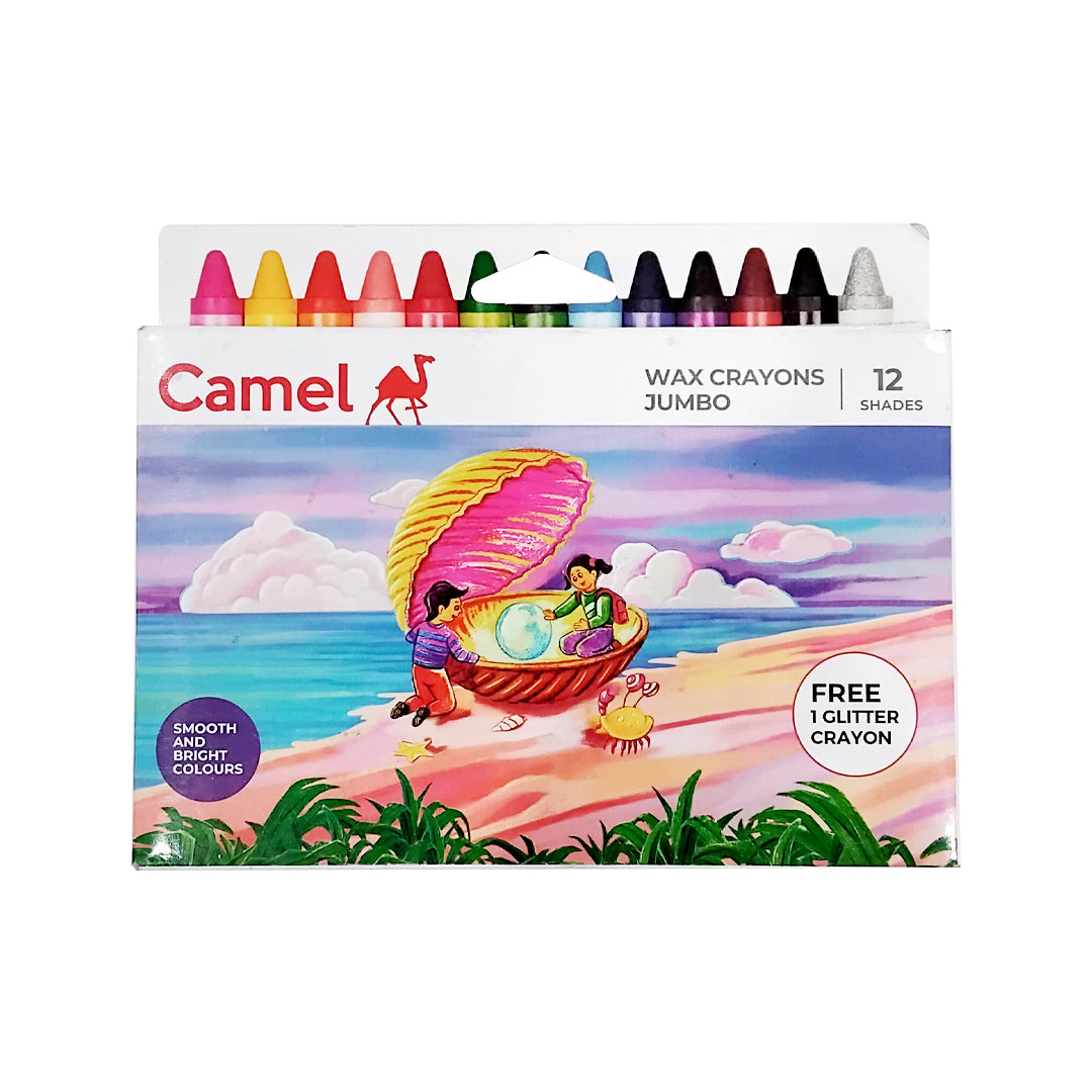 Camel Wax Crayons Jumbo 12 Shades Free 1 Glitter Crayons | B.8901425036976 (AN-AH-AM)