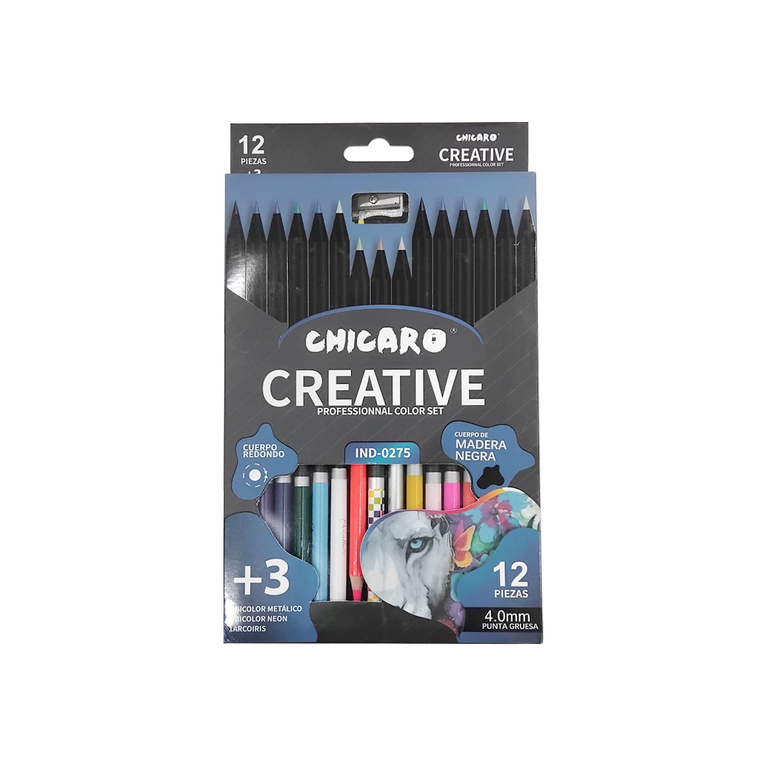 Chicaro Creative Professionnal Color Set 12 Pcs + 1 Bicolor Metalico + 1 BICOLOR NEON + 1ARCOIRIS | B.7502282681364 (SR-SM-SI-TX)