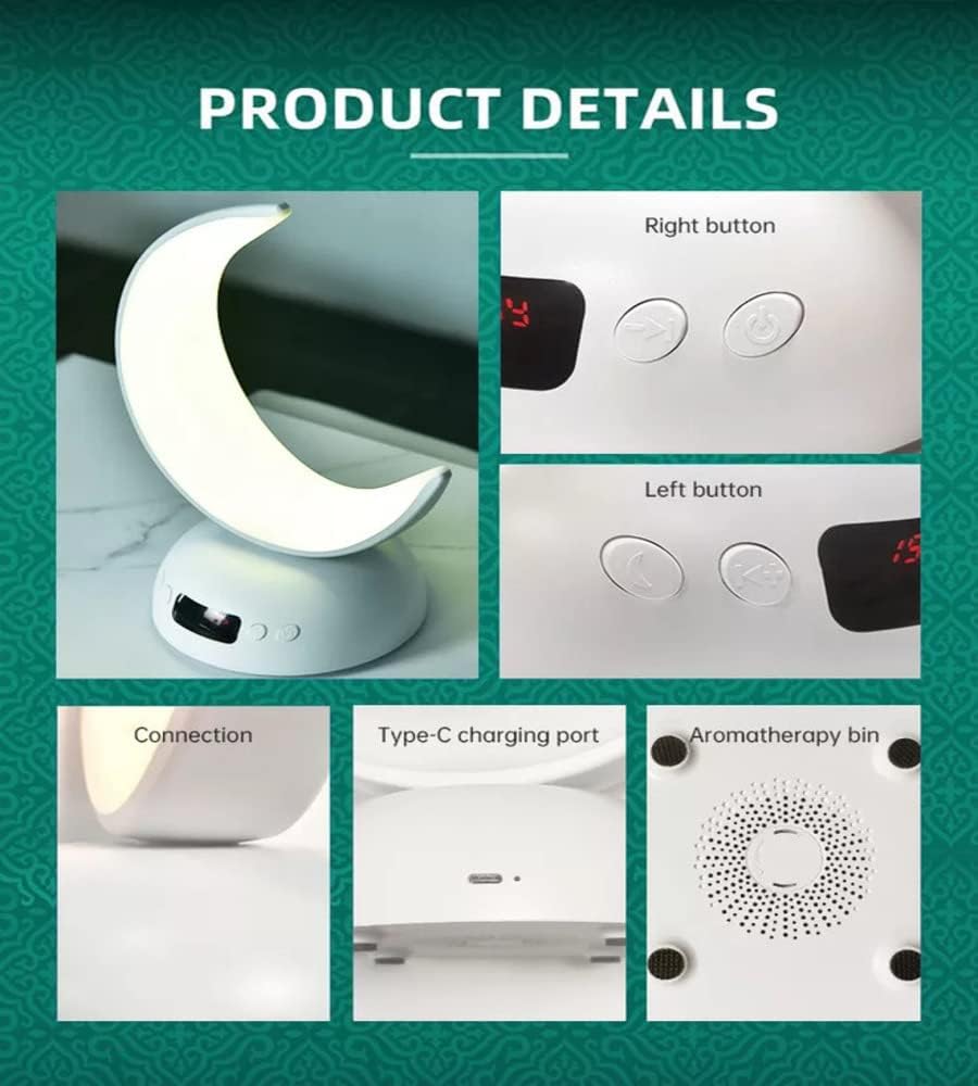 howkah® SQ-902 Quran Speaker 7 Color LED Moon Lamp Desk Lamp with Aromatherapy Function Azan | Alarm Clock | Quran Recitation Player with Remote & Smart App Control Night Lamp Bluetooth Speaker | B.10041501 (MA/MI/OOI-TX)