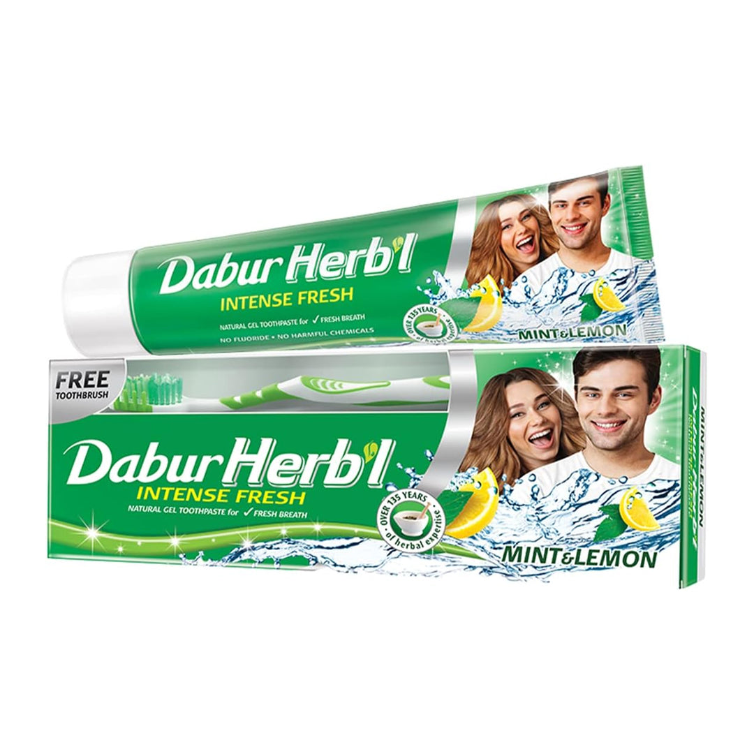 Dabur Herbal Intense Fresh Gel Toothpaste - (150g+Toothbrush) | With Blend of Mint & Lemon | Natural Gel Tooth paste For Fresh Breath | B.99818715 (HE/HA/AS-TX)
