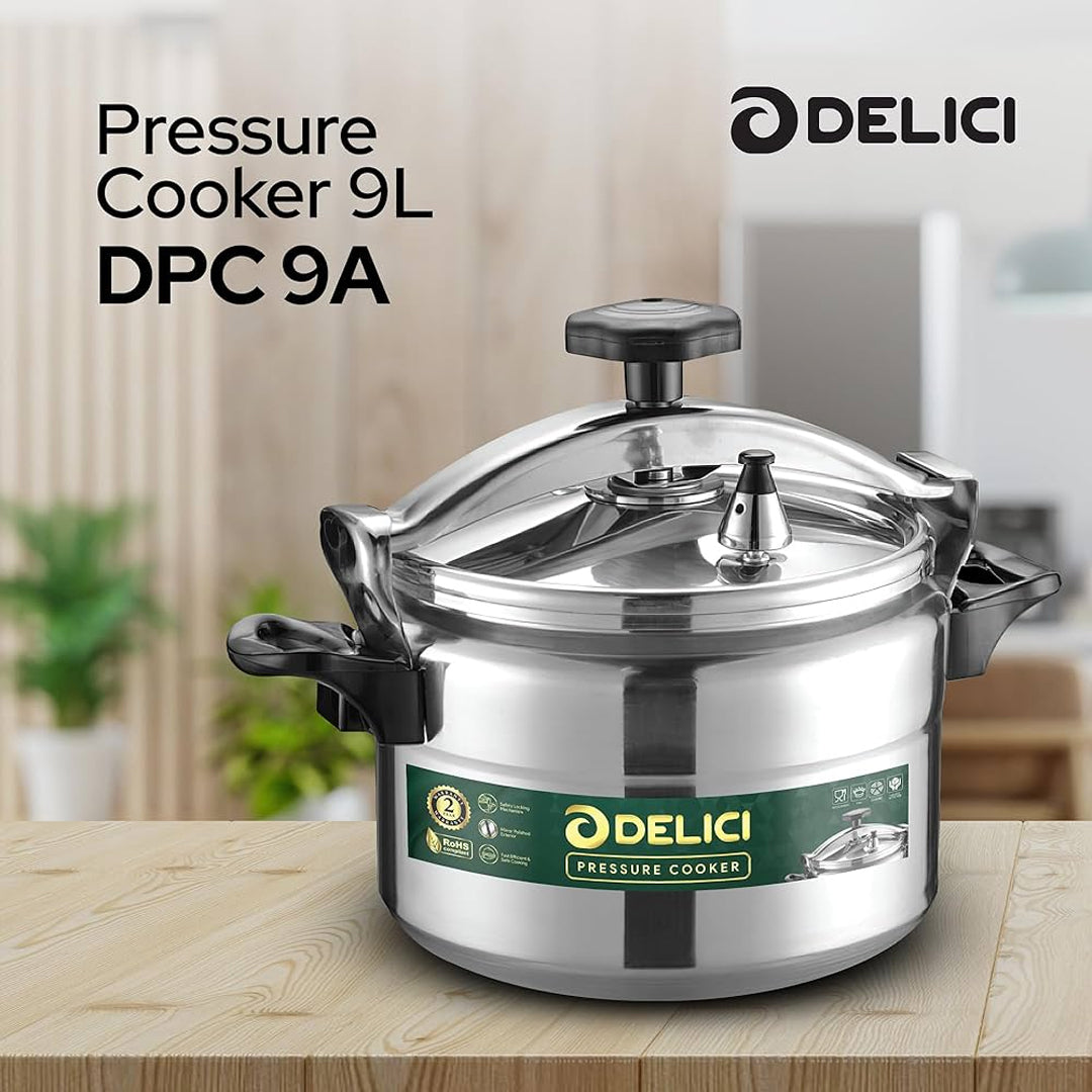 DELICI Aluminium Pressure Cooker 9L DPC 9A, Pressure Pot, Arabic Cooker,Safety Lock,Silver,2 Year Warranty | B.8906126688684 (RI-MO-ME)