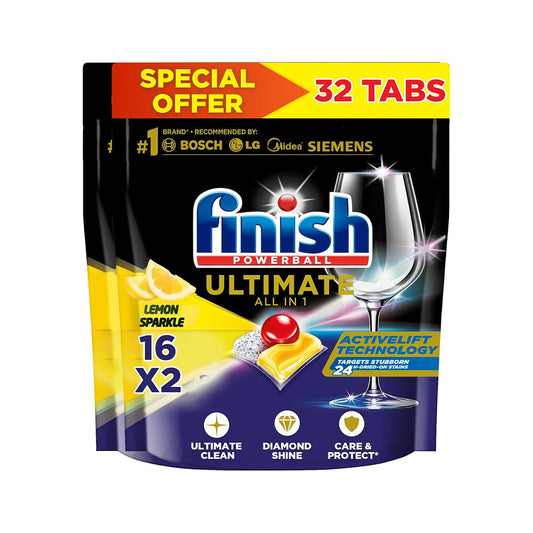 Finish Powerball Ultimate All in 1 Lemon Sparkle Dishwasher Tablets For Clean and Shine, 32 Tabs (16 Tabs, Pack of 2) | B.6295120048528 (ORH-OMS-OMH)