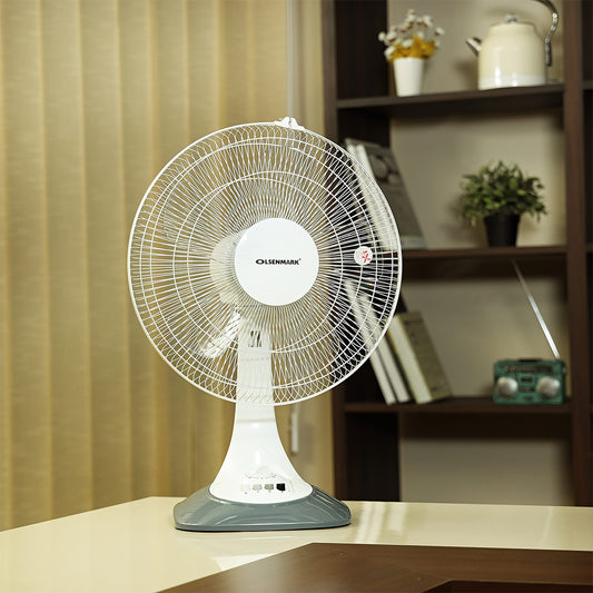 Olsenmark Table Fan- 16", Piano Switches- 3 speed settings | OMF1699 | 120 Ribbed Grills, 5 Leaf ABS Transparent Blades - Wide Angle Horizontal Oscillation - Timer Function | B.6294010817541 (ONA-OES-OEH-TX)