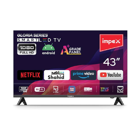 Impex 43-Inch Full HD Smart Android LED TV-Frame Less Design, Mirror Cast And E-Share, HDMI\USB Wi-Fi Input, Netflix, YouTube, Disney+, Apple TV+, Starz Play Arabia,2 Years Warranty -GLORIA 43 SMART (GVV/GLV/GTT)