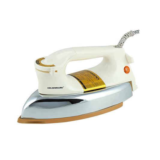 Olsenmark Automatic Dry Iron- OMDI1741/ Ironing Box with 60 Microns Nonstick Teflon Soleplate/Temperature Setting Dial/ 1200 W Power/ 7 Years Warranty, White and Golden | B.6294010819927 (HN-HH-HM)