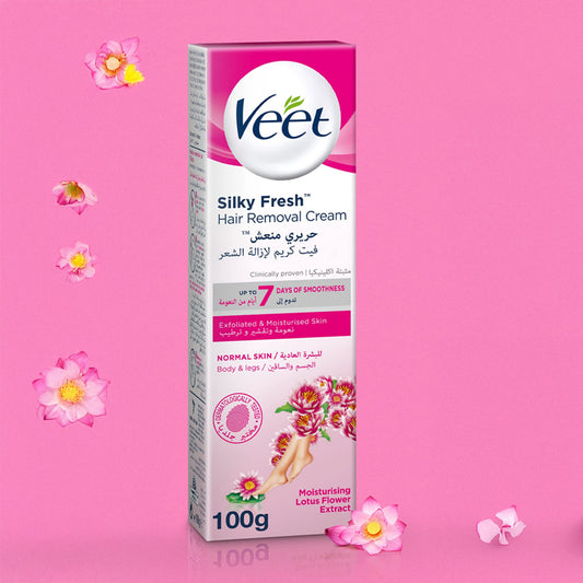 Veet Silky Fresh Hair Removal Cream Body & Legs for Normal Skin, Soothing Aloe Vera & Violet Blossom Fragrance – 100g | B.6295120050910 (IN-IH-IM)