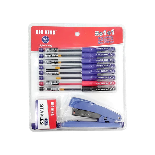 Big King Office Set 8+1+1 (8PCS Gel Pen, 1PCS Stapler, 1 Box Staples) | B.6953592698930 (OS-OO-ON-TX)