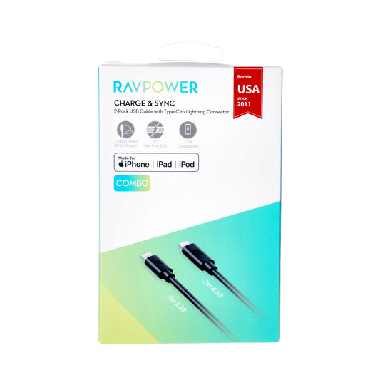 Ravpower Charge & Sync 2 Pack USB Cable with Type-C to Lightning Connector (DV/DU/LVB)