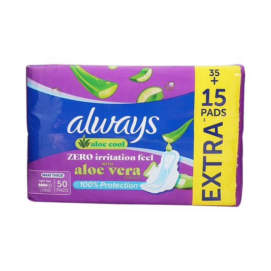 Always Aloe Cool Pads for Light Days Long Maxi Thick with Wings 50 Pads | B.4015400245940 (IO/IC/IM-TX)