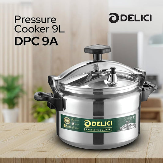 DELICI Aluminium Pressure Cooker 9L DPC 9A, Pressure Pot, Arabic Cooker,Safety Lock,Silver,2 Year Warranty | B.8906126688684 (RI-MO-ME)