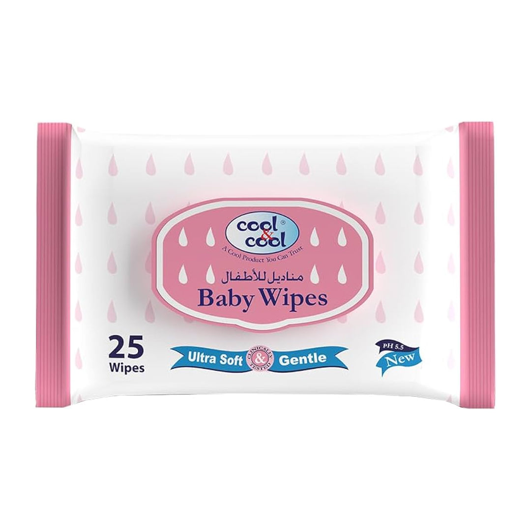 Cool & Cool Baby Wipes 25's - Alcohol Free,Paraben Free,Vitamin E,Aloe Vera,Ultra Soft & Gentle for Sensitive & Delicate Skin | B.5055810047467 (AE/AA/AI-TX)