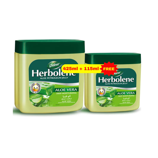 Dabur Herbolene Aloe Petroleum Jelly, Enriched with Aloe Vera and Vitamin E for Dry and Rough Skin - 425 + 115 ml | B.6291069210125 (OCO/OCA/OHN-TX)